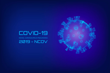 Hologram of coronavirus COVID-2019 on dark blue background. Deadly type of virus 2019-nCoV. 3D model of coronavirus bacteria.
