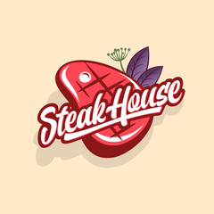Fototapeta premium Steak house logo. Logo of butchery shop or restaurant. Calligraphic composition with steak and spicy plants.