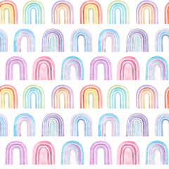 Watercolor seamless pattern of colorful cartoon style rainbows. Cute childish hand-drawn illustration.