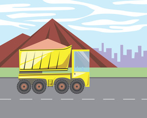 Dump truck or truck working with in a quarry, flat vector stock illustration with a heavy machine as a concept of resource extraction