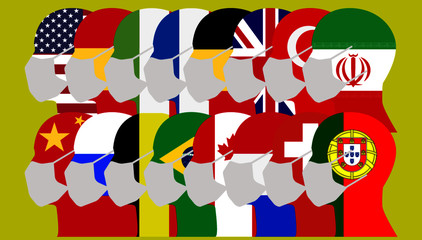 Human head silhouettes using a mouth face masks or mouth cover with diferents countries flag 