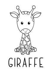 Coloring pages, black and white cute kawaii hand drawn giraffe doodles, lettering giraffe, print