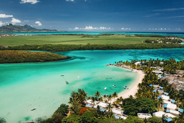Aerial picture of the east coast of Mauritius Island. Beautiful lagoon of Mauritius Island shot...