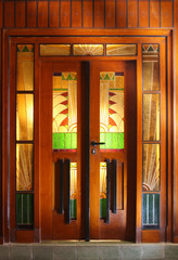 Authentic retro art deco decorated glass and wood front door - 341360757