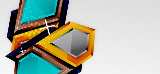 Metal glossy shiny geometric shapes with 3d effect composition. Techno futuristic vector abstract background For Wallpaper, Banner, Background, Card, Book Illustration, landing page