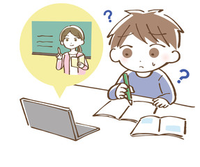 オンライン授業を受けているが授業が理解できていない男の子　イラスト