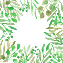 Square frame with herbs and berries. Watercolor herbal background. Stock illustration