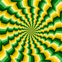 Optical motion illusion vector background. Yellow green broken stripes move around the center.