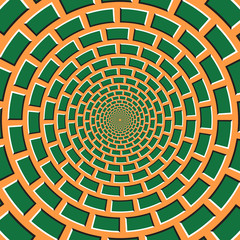 Optical motion illusion vector background. Green bricks shapes move around the center on orange background.