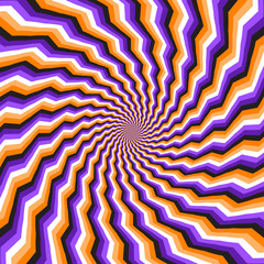 Optical motion illusion vector background. Purple orange broken spiral stripes move around the center.