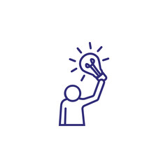 Fresh idea line icon. Lightbulb, bulb, man, holding, raising. Business concept. Can be used for topics like startup, creativity, new project