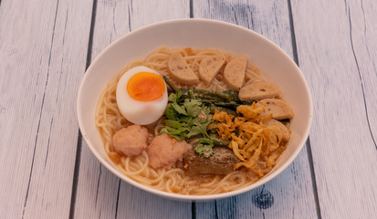 Thai Vietnamese Sausage Noodle Soup with Boiled Egg