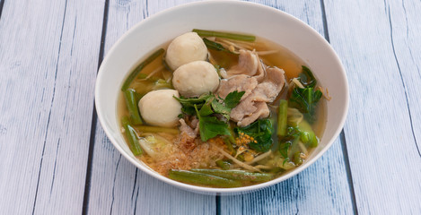 Thai Pork Balls with Pork Slices Noodle Soup 