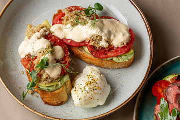 Assorted bruschetta with various toppings.Appetizing bruschetta.Variety of small sandwiches.Mix bruschetta