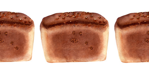 Watercolor seamless border with images of bakery products. Loaves, loaves, loaves and rolls