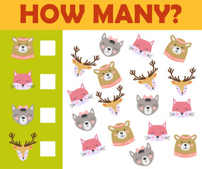 Counting animal games for preschool kids sheet layout in colorful printable version