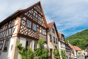 Fototapeta na wymiar Reiseziel in Deutschland. Traditionelle Fachwerkhäuser in Zeil am Main in Franken, Bayern im Sommer.