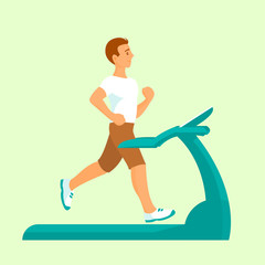 A man at home runs on a treadmill. Promotes health. Vector isolated illustration.