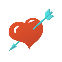 Symbolic heart with an arrow of love falling into it. Vector isolated illustration in cartoon style.