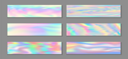 Neon holo vivid flyer horizontal fluid gradient unicorn backgrounds vector set. Fantasy holography 