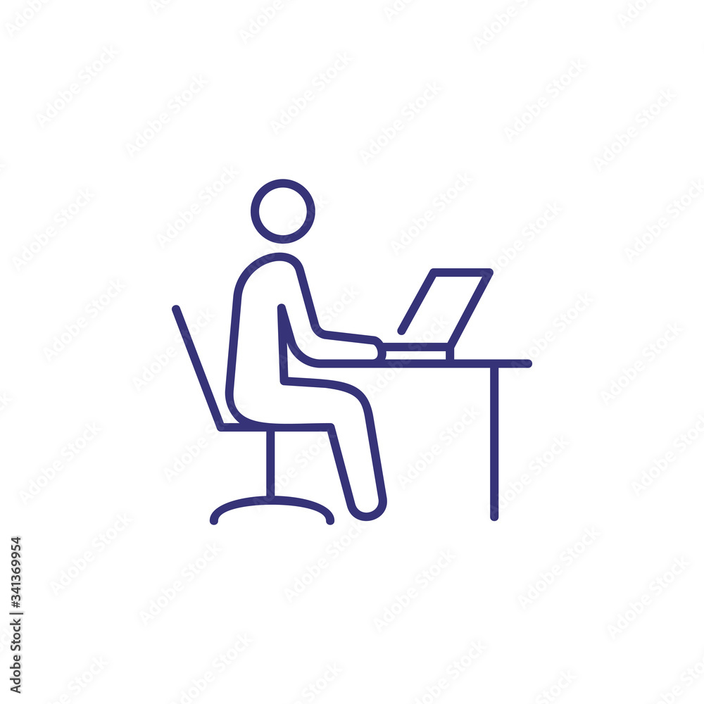 Fototapete work on computer line icon. man sitting at table and using laptop. workplace concept. can be used fo