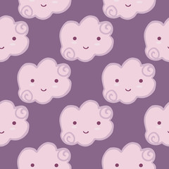 Smiling cloud sky seamless pattern on lilac background.