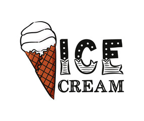 Hand-drawn icon of ice cream in Waffle cone. Lettering Logo for a cafe or restaurant. Vector illustration for decoration of a menu, poster or banner.