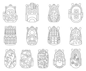 School backpacks set. Education and study back to school, schoolbag luggage, rucksack. Student Satchels Collection. Sketch coloring vector illustration