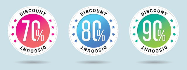 Discount offer price label. Sale vector badge template, 70, 80, 90 percent off sale label symbol, 70 off, 80 off, 90 off discount promotion. Set of 3 beautiful color gradients.