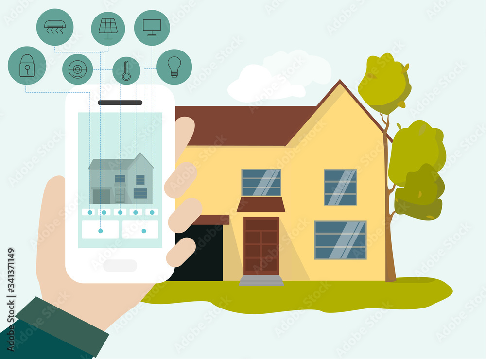 Aufkleber smart technologies. illustration of person using modern home control system on mobile phone
