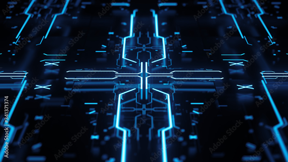 Poster 3d render abstract complex technology background with a lot of graphic elements. rich details with d