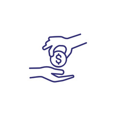 Donation line icon. Hand giving money. Finance concept. Can be used for topics like assistance, charity, homeless, payment