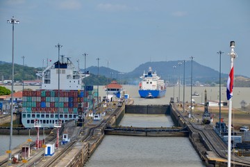 Pedro Miguel locks in the Panama Canal.   You can see the new Pacific lock on the right, and...