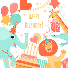 Greeting card template with funny animals. Lion, giraffe and elephant on a funny birthday banner.