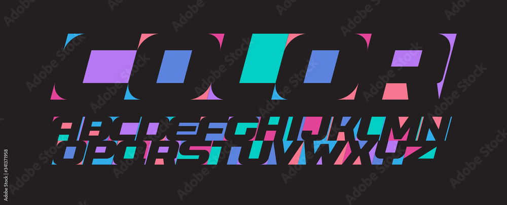 Poster Color oblique font for dynamic scenes from negative space of letters, vector color typography