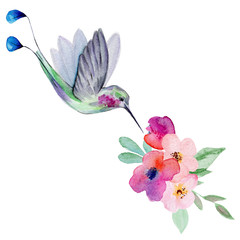 Cute watercolor hand drawn illustration of flowers and birds isolated on a white background, for Valentine's Day greeting card, wedding card, romantic prints and scrapbooking. - 341372155