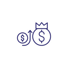 Marketing strategy growth line icon. Dollar, cash, arrow, crown. Finance management concept. Can be used for topics like business, analysis, research, growth, money