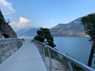 Terraced bike path over Lake Garda. Ciclopista del Garda. Limone sul Garda, Italy