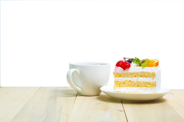 Slice cake with coffee cup on wood , white background
