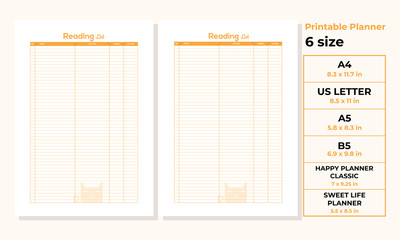 Minimalist Reading list planner pages templates vector paper A4, US Letter, A5, B5, Happy Planner Classic, Sweet Life Planner Ai, EPS 10 and PDF File
