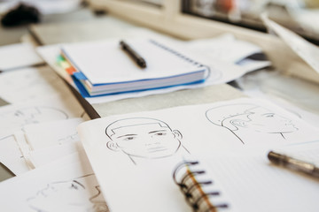 27.02.2020 Odessa, Ukraine: drawing of a man's head with markup for a haircut, training material for training on haircuts in barbershop