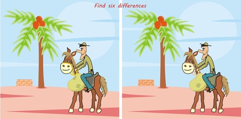 Find five differences, cowboy with horse in desert, funny vector illustration