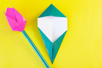 Step 24. DYI tulip from colored paper. Step-by-step instruction. DIY gift for Mother's Day, March...
