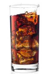 A tall glass with ice and refreshing cola like colored drink.