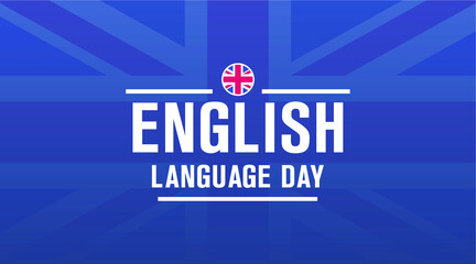 English language day banner, concept, card with British flag on a blue background. 
