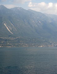 Fototapeta premium View from terraced bike path over Lake Garda. Ciclopista del Garda. Limone sul Garda, Italy