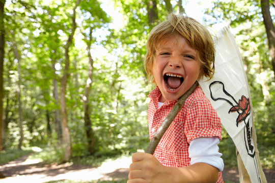 Portrait of screaming boy carrying pirate flag in forest