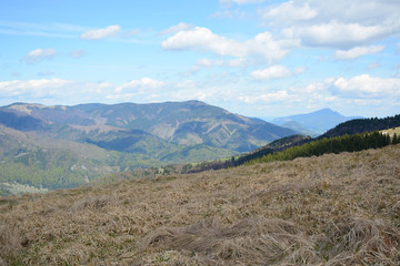 Fototapeta na wymiar Donovaly, Slovakia - May 10, 2019: Beautiful view from the top of the mountains in the late spring