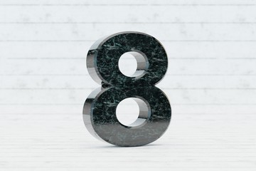 Marble 3d number 8. Dark green marble number on white wood background. 3d render.