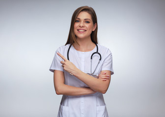 doctor dressed white medical uniform pointing with finger